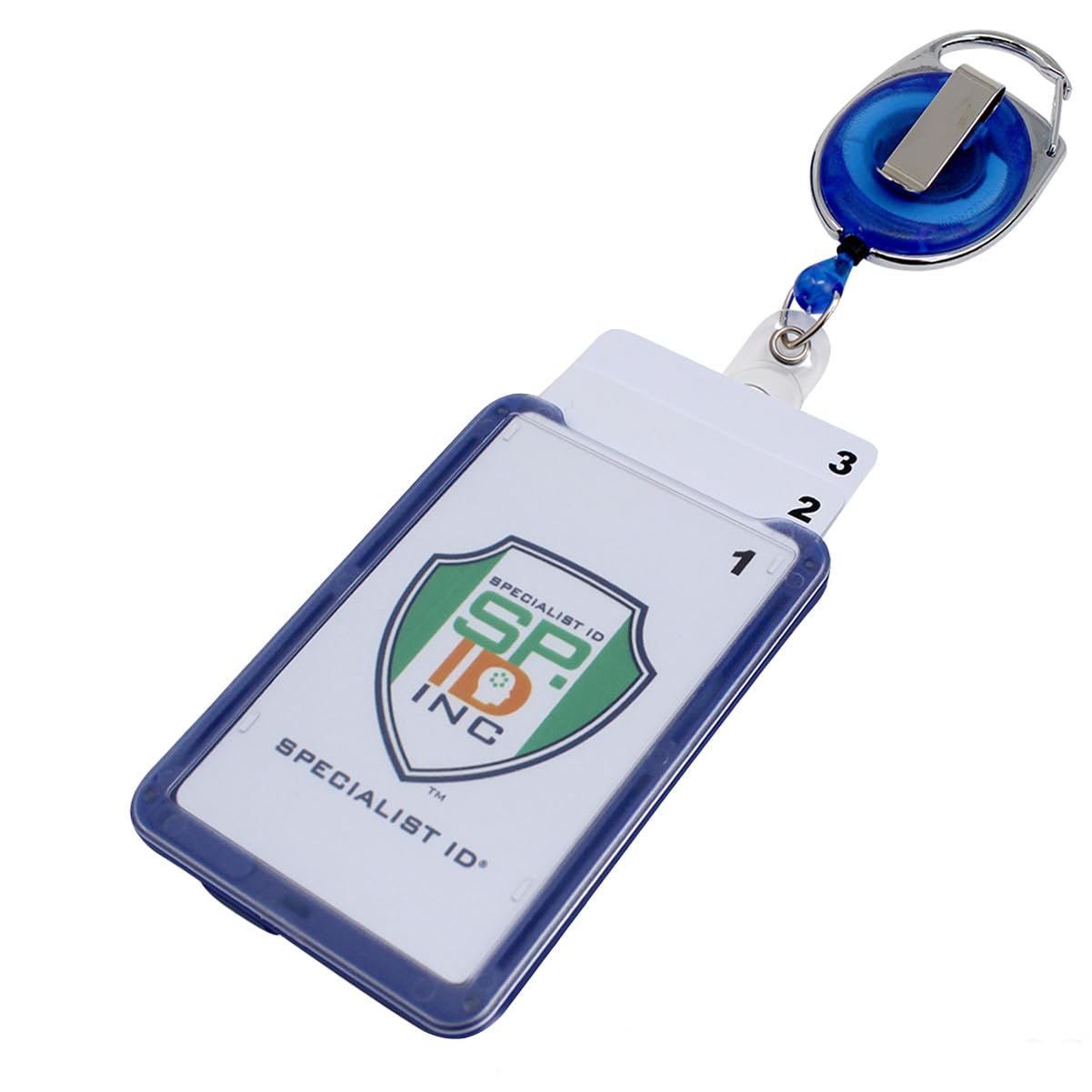 Hard Plastic 3 Card Badge Holder with Badge Reel - Retractable ID Lanyard Features Belt Clip & Carabiner - Rigid Vertical CAC Holder - Top Load Holds Three Cards (5 Pack, Royal Blue)