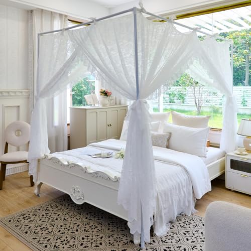 AIKASY Elegant Lace Princess 4-Poster Bed Canopy Mosquito Net - Romantic Wedding Bridal Bedroom Decor, Kids Room Bed Curtain for Women Adults - (White-3,Queen)