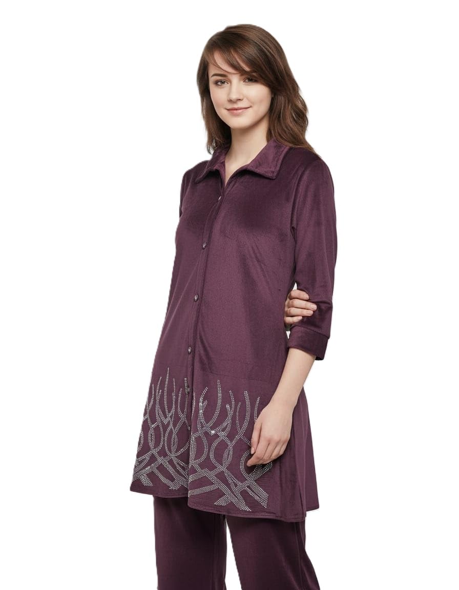 meehan enterprises Women's Premium Velvet Co-ord Set, Long Button-Down Tunic with Trouser, Crystal Embellishment, Winter 2-Piece (IN, Alpha, M, Regular, WINE)-picture-32