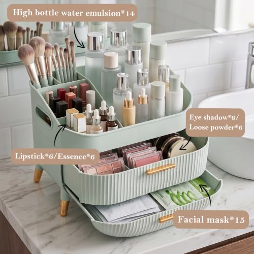 Makeup Organizer Countertop, Skincare Organizer with Drawers for Vanity | Large Capacity Cosmetic Display Cases with Handle, Make up Storage Box for Bathroom, Dresser Counter, Gifts for Women(Green) - image 2