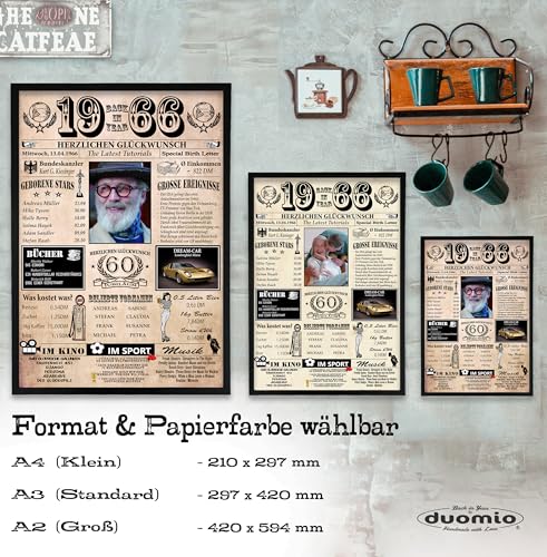 DUOMIO 1966-6 Felder PERSONALISIERBAR! zum 60. Geburtstag Mann & 60. Geburtstag Frau - Ausdruck auf 400g/m² Premium Papier - Geschenke zum 60. Geburtstag & Deko - Back in Year