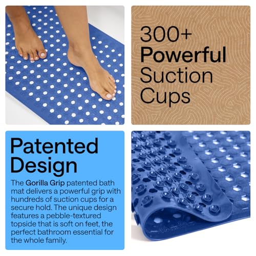Image of GORILLA GRIP Patented Bath Tub Shower Mat, Machine Washable Bathtub Floor Liner Mats, Suction Cups and Drain Holes to Keep Tubs Clean, Soft on Feet, Bathroom Essentials, 35x16 Inch, Royal Blue Opaque