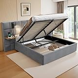 LUXOAK Polsterbett mit Stauraum, Leselampen, USB- & Typ-C-Anschlüssen, seitlichen Ablagen, Gasdruckfeder-Stauraum,Modernes Stoffbett, 140×200cm, Hellgrau