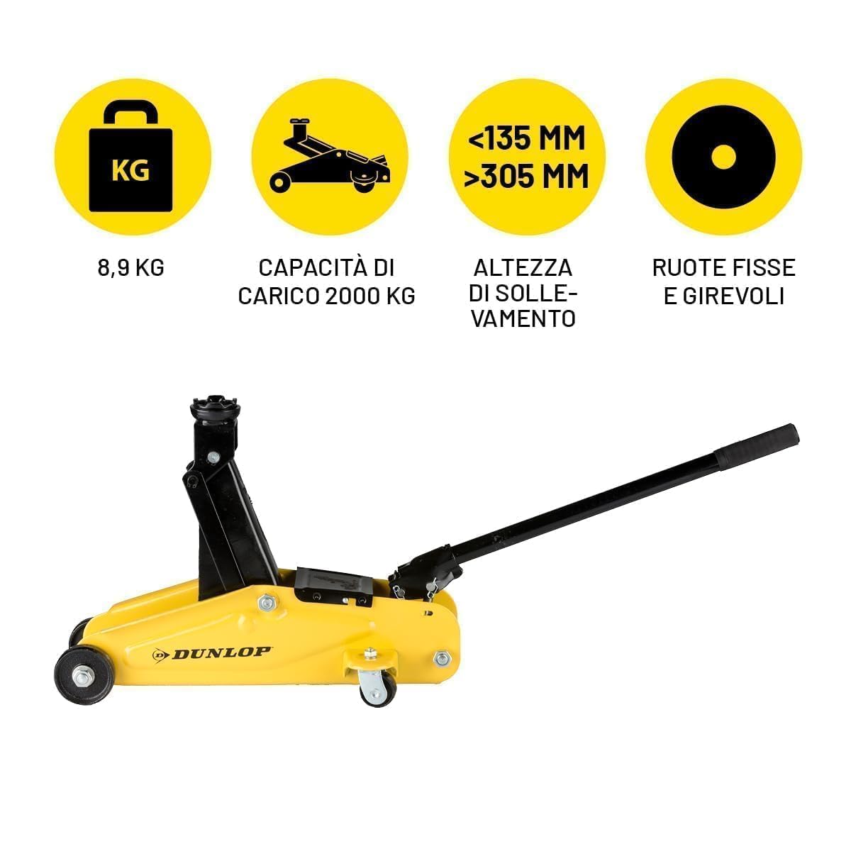 DUNLOP Cric per Auto - Cavalletti Auto capacità di Sollevamento 2 Tonnellate - Martinetto Idraulico - Cric Idraulico con Gamma di Sollevamento 135-305 mm - Compatto e con Ruote - Crick Auto