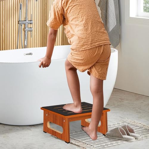 Image of One Step Stool for Bed, Wooden Step Stool with Non-Slip Feet, 450 LBS Capacity Stepping Stool for Adults Seniors, Bedside Steps for High Beds, Bathroom Kitchen Bedroom, Easy to Assemble, Rustic Brown