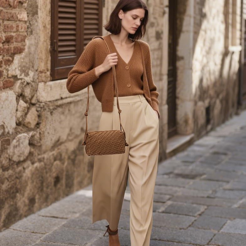 Image of Woven Crossbody Bag for Women,Small Handbag Cute Purse Vegan Leather Handmade Shoulderbag,Lightweight Tote Bag with Strap
