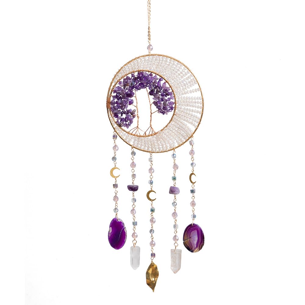 Kryształowa ozdoba odbijająca światło, Ametystowe kryształowe drzewo życia Suncatcher z zawieszkami w kształcie półksiężyca 49x16cm