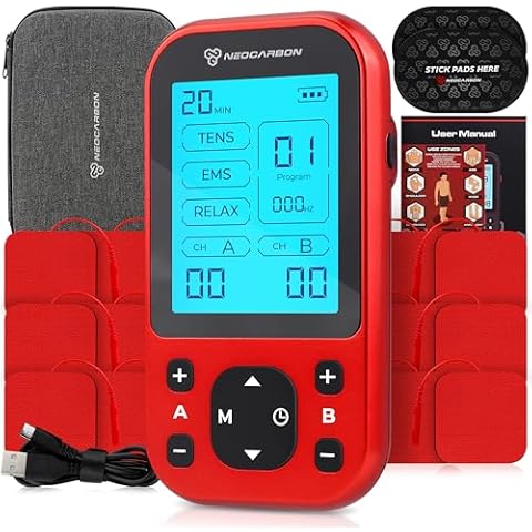 TENS Unit Muscle Stimulator Pro for Back Pain Relief, Shoulder Recovery and Physical Therapy, Electronic EMS Massager Machine with PMS Pulse for Effective Shock Therapy, Red Cover