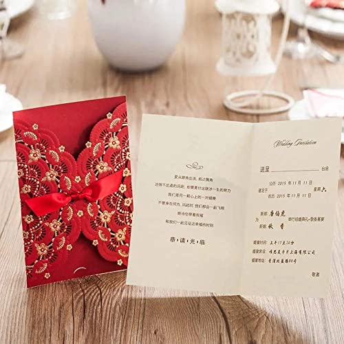 Jofanza 50Pcs Red Wedding Invitations Cards With Foil Gold Floral & Bowknot Laser Cut Invitation For Engagement Wedding Quinceanera Fancy Party Invites Favors #TOP2