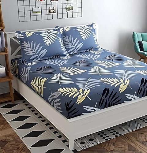 Image of Glace Cotton Double Bedsheet - 90x90 Inches with 2 Pillow Covers 18x28 Inches - Leaf Printed Grey Bed Sheet Set - Soft Flat Bedcover for Double Mattress Bed Bedroom Hostel Room - Grey Leaf