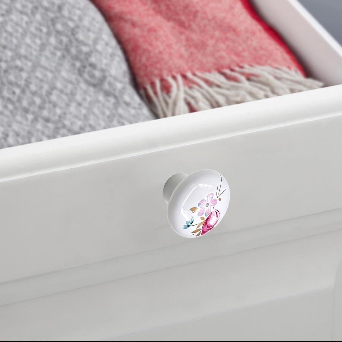 boutons de tiroir ronds en céramique peints à la main en - fleur rose 8 pièces
