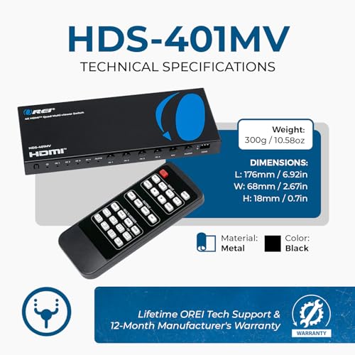 Image of OREI Quad Multi HDMI Viewer 4 in 1 Out HDMI Switcher 4 Ports Seamless Switcher and IR Remote Support 4K @ 30Hz 1080P for PS4 /PC /DVD /Security Camera, HDMI Switch VGA Output - HDS-401MV
