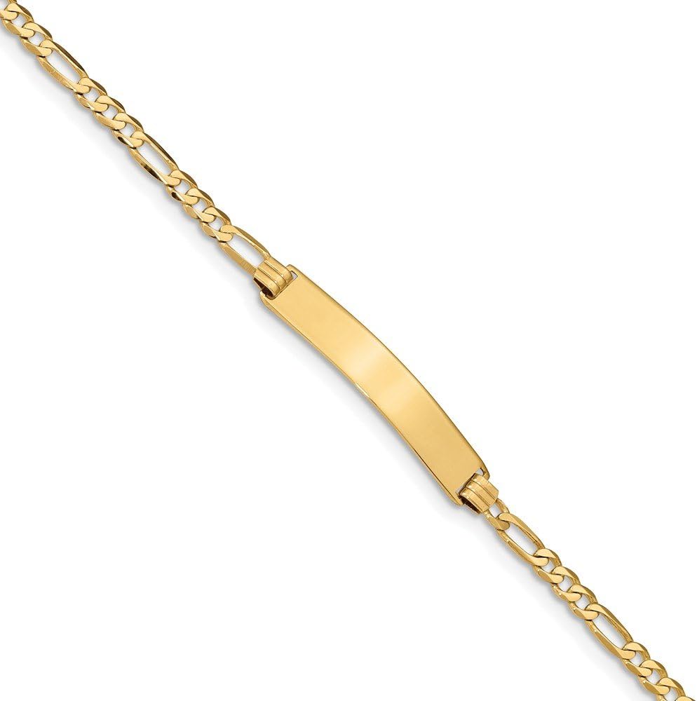 Solid 14k Yellow Gold Flat Figaro Link ID Bracelet Engravable Identification Name Bar Tag - with Secure Lobster Lock Clasp 8" (Width = 6mm)