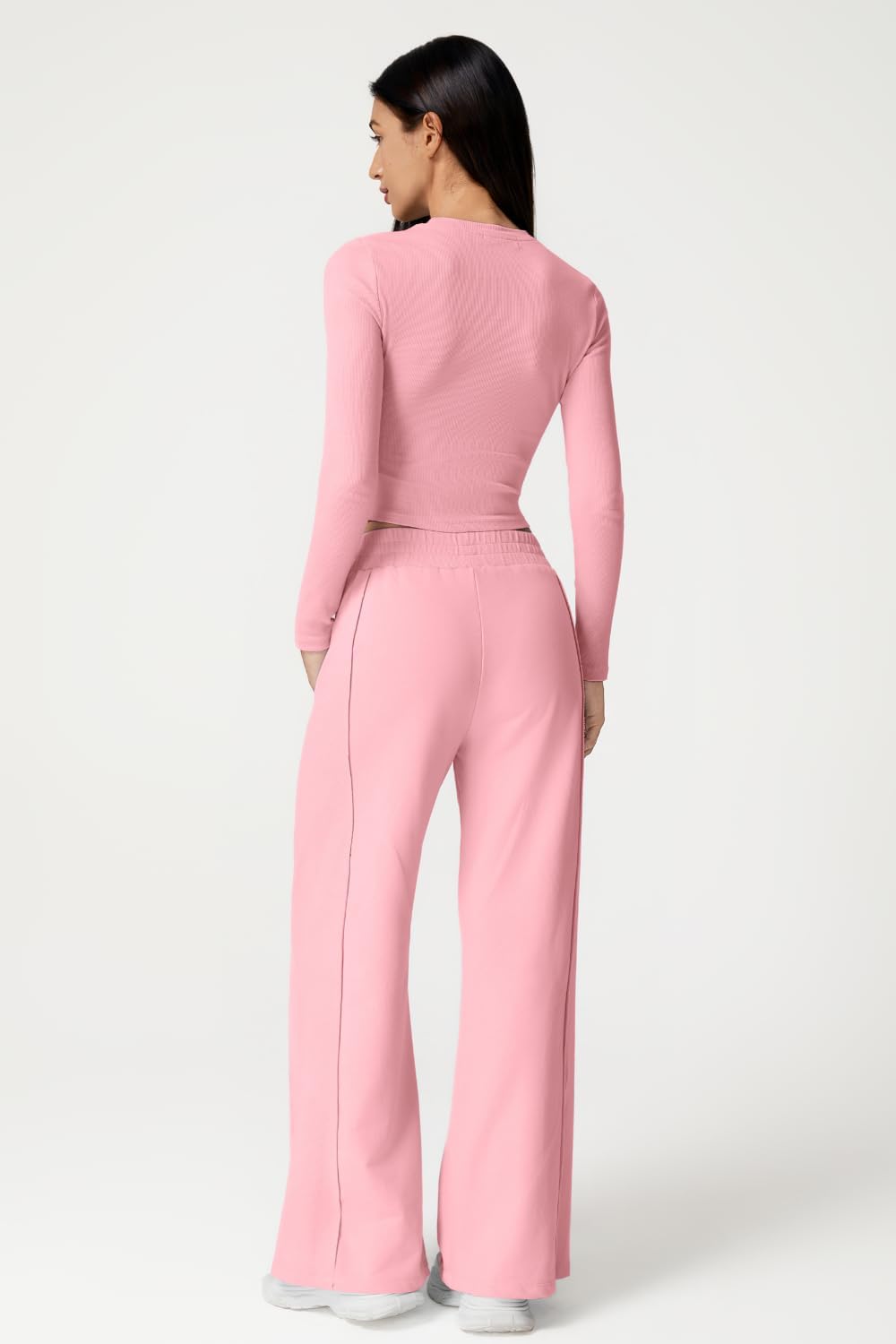 QINSEN Womens 2 Piece Sets Long Sleeve Slim Fit Crop Tops Wide Leg Pants Matching Lounge Set - Image 2