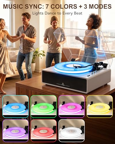 Image of Record Player with Built-in Four Stereo Speakers, Three LED Lighting Modes, AT-3600L Cartridge, All-in-one Vinyl Record Player Support Bluetooth Playback Auto Stop 33&45 RPM Speed RCA Out AUX in White