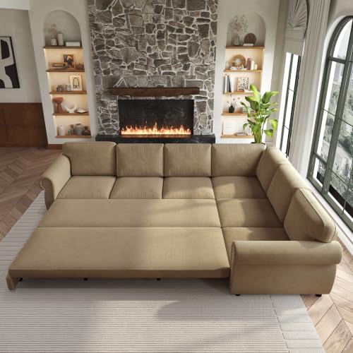 Image of KEIKI 118 inch Chesterfield Sleeper Sofa, Chenille Sectional Couch, Camel | L Shaped, Pull Out Bed Design, Nailhead Trim Detail, Rolled Armrest, 6 Seat Seating, Living Room Guest Room Use