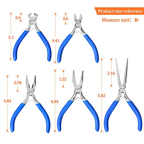 5 Piece Mini Pliers Tool Set, Kingsdun Flush Side Wire Cutter Pliers Set Include Needle/Long Nose/Diagonal/End Cutting/Linesman Pliers for Jewelry Arts Mechanical Work Small Electronics Repair