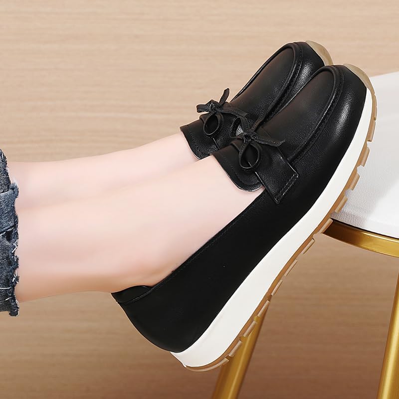 Women's Black Bowknot Decor Loafers, Leather-Like Comfortable Slip-On Platform Casual Shoes for Daily Wear & Work