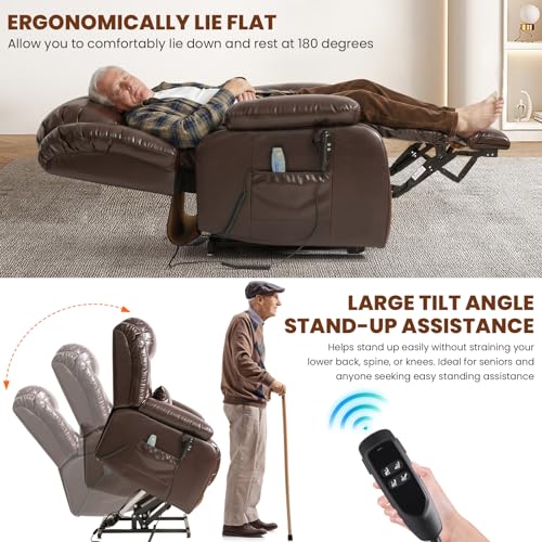 Image of Dual Motor Power Lift Recliner Chair, PU Leather Lay Flat Lift Chair for Elderly with Massage & Lumbar Heating, Extended Footrest, USB Charging, Remote Control, Removable Lumbar Pillow, Brown