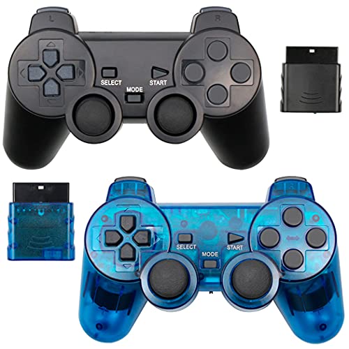 Poulep Wireless Controller Compatible for PS2 Console, with Upgraded Joystick and Double Vibration Remote Gamepad (Black and Transparent Blue)