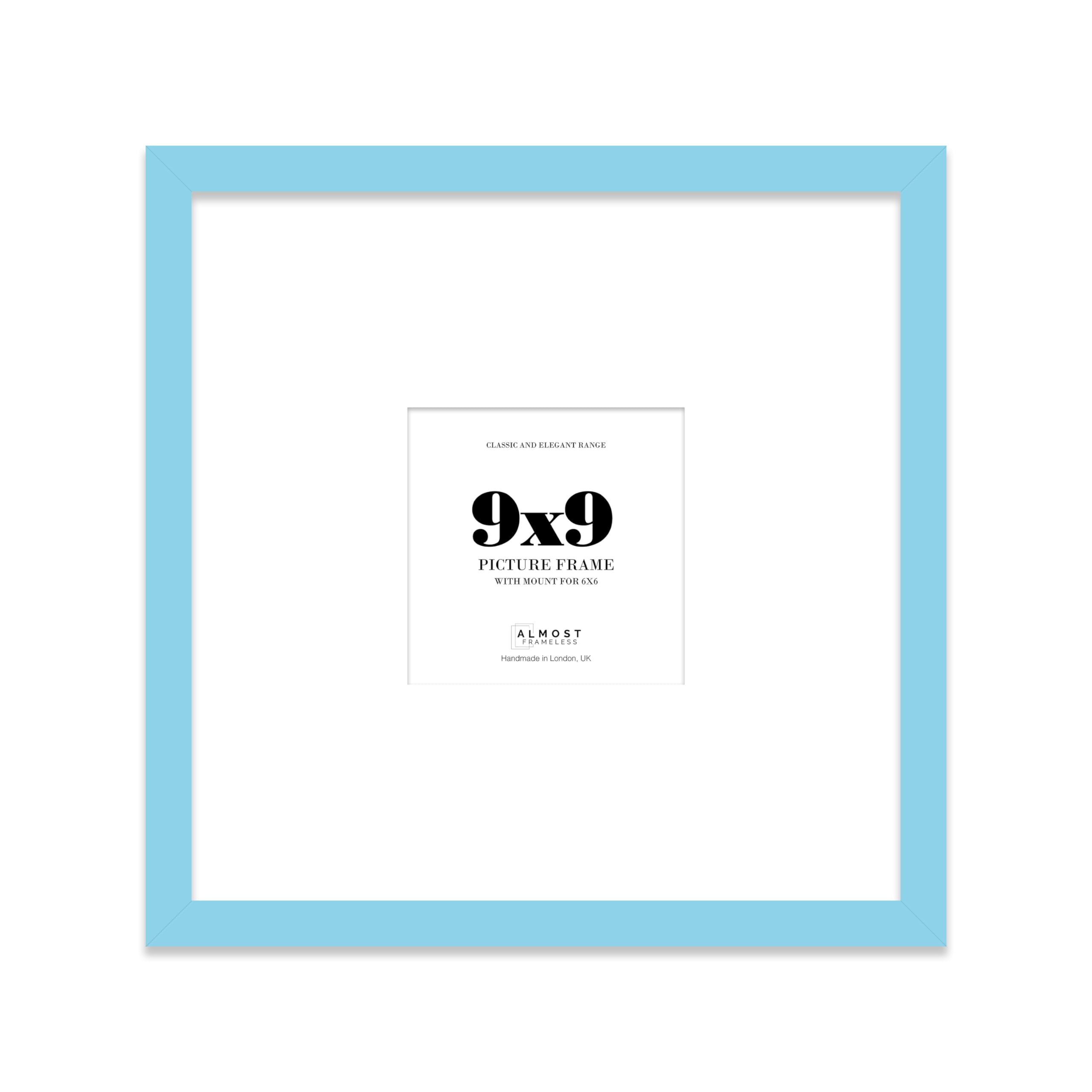 Almost Frameless 9x9 Square Picture Frame, Display Pictures 6x6 With Mat or 9x9 Without Mat, Wall Hanging & Free Standing Photo Frame, Light Blue, 1 Pack