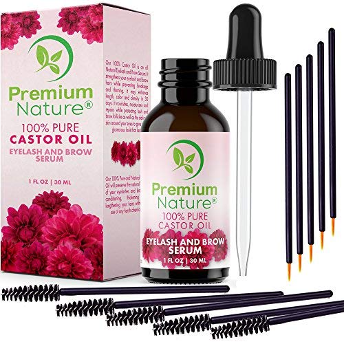Castor Oil Eyelash Growth Serum - 100% Pure Cold Pressed Castor Oil for Eyebrow, Eyelashes, Hair & Skin, Hexane-Free Lash Boost Serum Moisturizer, Mascara & Eyebrow Brush Kit Included Premium Nature