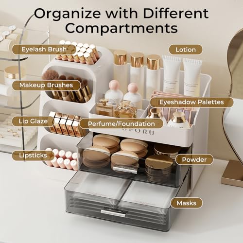 Image of UFORU Makeup Organizer for Vanity with Brush Holder, Large Capacity Bathroom Countertop Skincare Organizer with 2 Drawers, Cosmetic Display Case for Perfumes, Eyeshadow Palettes, Nail Polishes