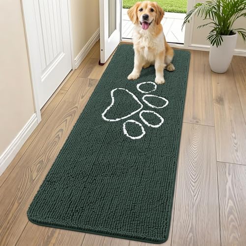 Image of Smiry Dog Door Mat for Muddy Paws, Absorbent Dirt Trapper Non Slip Quick Dry Washable Chenille Mat for Mud Dogs, Entry Rug for Indoor and Outdoor (70x24 Inches, Green and White)