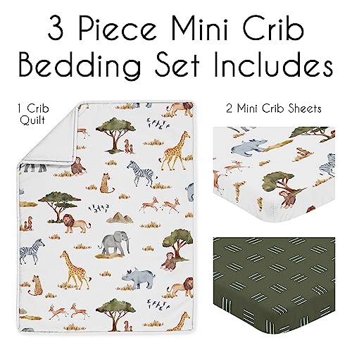 Image of Sweet Jojo Designs Jungle Animals Boy Girl Unisex Baby Mini Crib Bedding Set Infant Nursery Room Newborn Blanket and Portable Pack n Play Sheets 3p Dark Hunter Green Safari Elephant Giraffe Lion Zebra