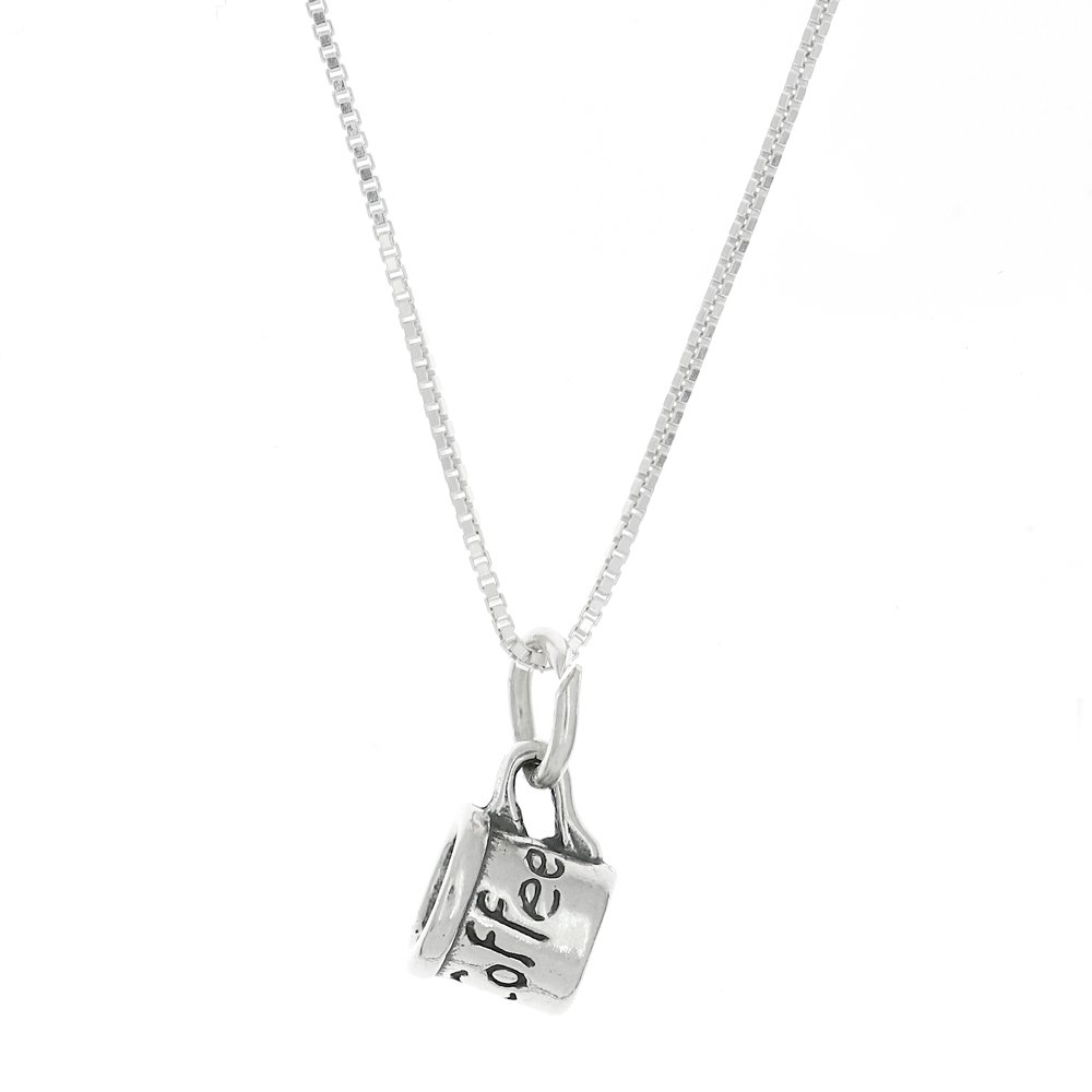 LGU Sterling Silver Oxidized Small 3D Coffee Mug Cup Charm Necklace