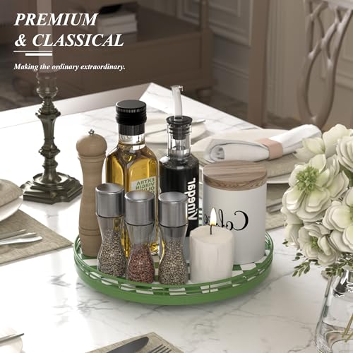 Image of Premium Rubber Wood Lazy Susan Turntable, Green White Checkerboard Decorative Serving Tray, Hand-Welded Metal Railing, Stable Rotating Organizer for Dining Table, Kitchen Counter, Coffee Table Decor