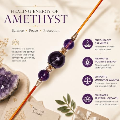 Image of Shubhanjali Crystal Beads Rakhi for Brother | Handmade Healing Crystal Stone Designer Rakhi for Bhaiya | Raksha Bandhan Gift Set with Roli Chawal, Kumkum, Greeting Card & Potli