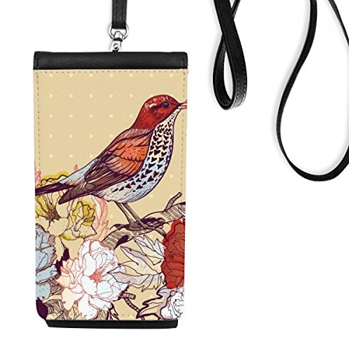 Cadeau porte-monnaie oiseaux et fleurs en cuir suspendu pour smartphone noir