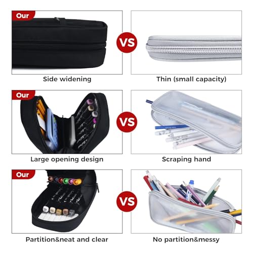 Image of Fmeida Grid Mesh Pencil Case - Upgraded 4 Compartment Pencil Pouch, Clear Adult Pencil Bag Aesthetic Marker Pouch Stationary Bag Office Organizer for College Business Travel - Black