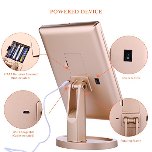 EMOCCI Lighted Makeup Mirror Tri-Fold Cosmetic Vanity Mirrors with 21 led Lights 3X 2X 1 Magnification USB Charging 180 Degree Rotating for Travel Dressing Bedroom Countertop Tabletop(Gold)