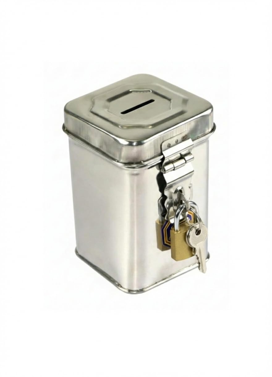Stainless Steel Lockable Money Bank with Coin & Note Slot | Secure Saving Box with Key | Compact Metal Cash Box for Home, Kids & Office (15 x 11 cm, Silver, 1 Piece)-image-44
