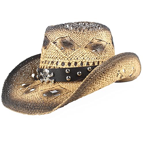Western Cowboy Hat Skull Head Brand Straw Cowgirl Hat Hollow Sombrero Women Men Handmade Beach Jazz Sun Hat Coffee