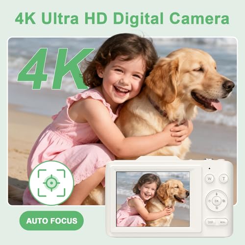 Image of Digital Camera, Autofocus 4K Point and Shoot Digital Cameras with 16X Zoom Anti Shake, 48 MP Cameras for Photography with 64GB Card, Compact Portable Small Camera for Kids Girls Boys Beginners, White