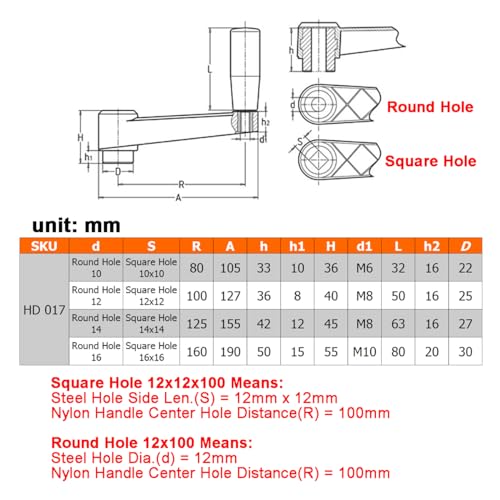 Image of 4 inch Nylon Crank Handle Drill Press Revolving Handle with Round or Square Installation Hole Smooth 360 Degree Operation for Industry Lathe Milling Grinding Machine (Square Hole 12x12x100)