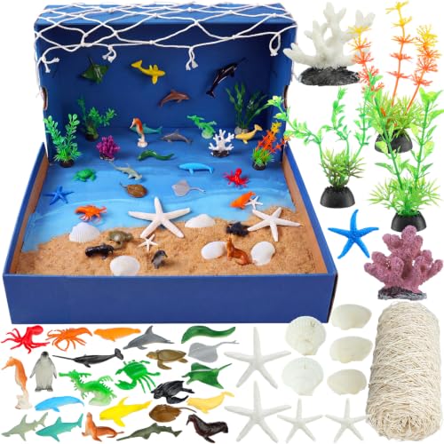 Duraaamo 39 Pcs Ocean Diorama Kit Habitat Project Supplies Under The Sea Animal Figures Small Shark Fish Plastic Ocean Creatures with Coral for Miniature Landscape Birthday Vbs Party DIY Craft Project