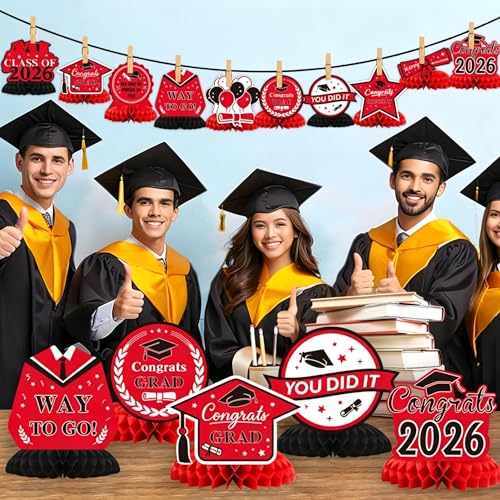 Image of Graduation Decorations 2026, 10PCS Graduation Centerpieces for Table Red Black Graduation Party Decorations Class of 2026 Congrats Grad Honeycomb Centerpieces Table Decor for Graduation Party Supplies