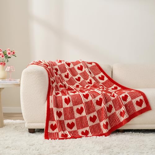 Snuggle Sac Red Heart Checkered Blanket for Women, Valentines Day Love Blankets Heart Blankets for Her Wife Mom,Super Soft Warm Fluffy Faux Fur Blanket for Couch Sofa Bed,Red Heart,60x80 inches