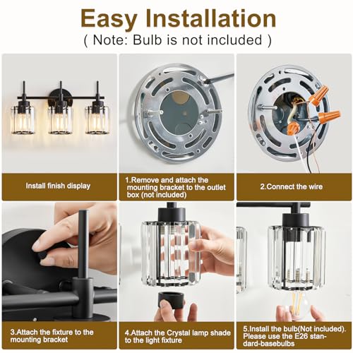 Image of EJIAXIN 3 Light Black Crystal Vanity Light, Modern Bathroom Vanity Light Over Mirror, Up and Down Mount Wall Sconce Lighting for Bathroom Bedroom Living Room Hallway