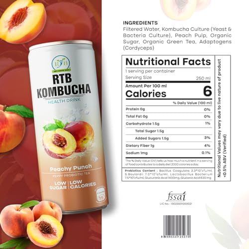 Image of RTB KOMBUCHA Health Peach Drink - Pack of 250ml | Helps in Immune System & Digestive System(Kombucha Culture, Fruit Pulp & Organic Sugar)