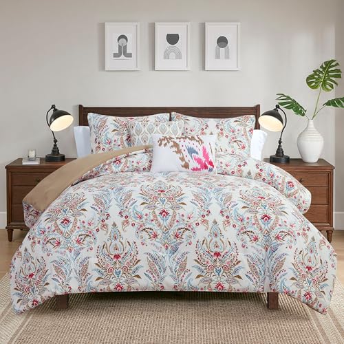 Image of Modern Threads 5-Piece Printed Comforter Set Marcel - Blue, Red & Olive Paisley Floral Bedding with Decorative Pillows & Shams, Soft All Season Bed Set, King