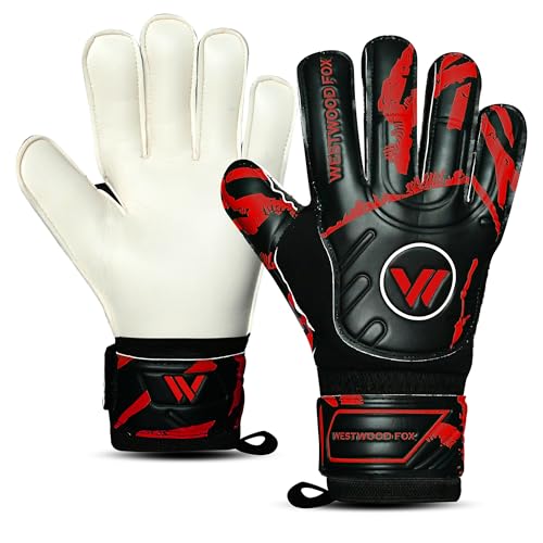 WESTWOOD FOX Guantes de portero, protección de dedos, guantes de portero de fútbol para niños, jóvenes, adultos, palma de agarre pesado con látex Dumbo de 4 + 3 mm, soporte de muñeca (negro-rojo