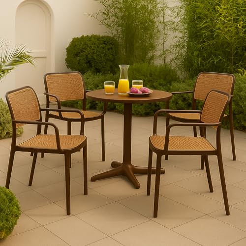 Image of Creative Cafe Chair Set with Stylish Woven Backrest and Comfortable Arm Design - Perfect for Cafeterias, Restaurants, Coffee Shops, and Indoor Dining Spaces (Pack of 4) (Brown)