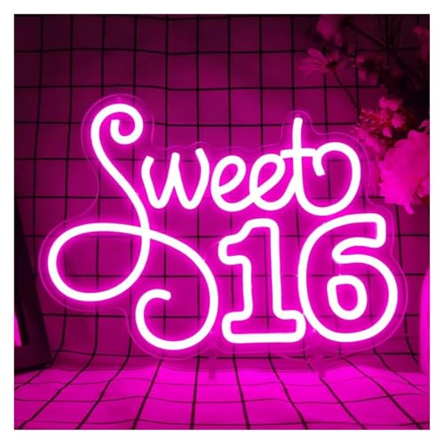 Enseigne au néon LED Sweet 16 rose réglable avec câble USB pour décoration de fête