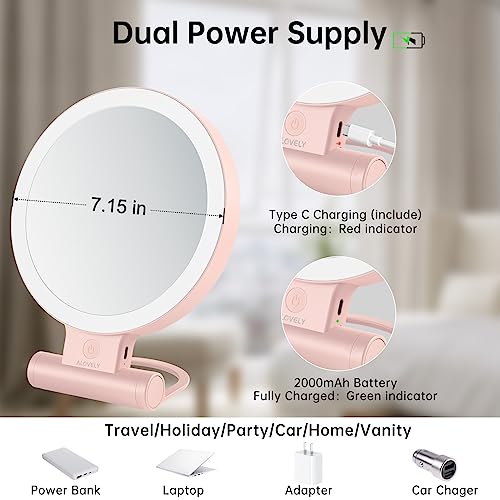 Alovely Travel Magnifying Mirror With Light, Lighted Makeup Mirror With 1X/10X Magnification Portable Led Vanity Mirror With 3 Color Lighting Brightness Dimmable Round Mirror For Home & Travel Pink #TOP4