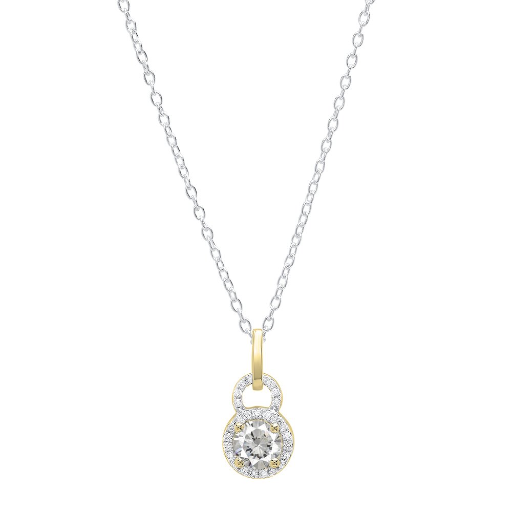 18 K giallo oro 5 mm rotondo Lab creato Lab created Gemstone & Diamond Halo ciondolo per donna (argento catena incluso)